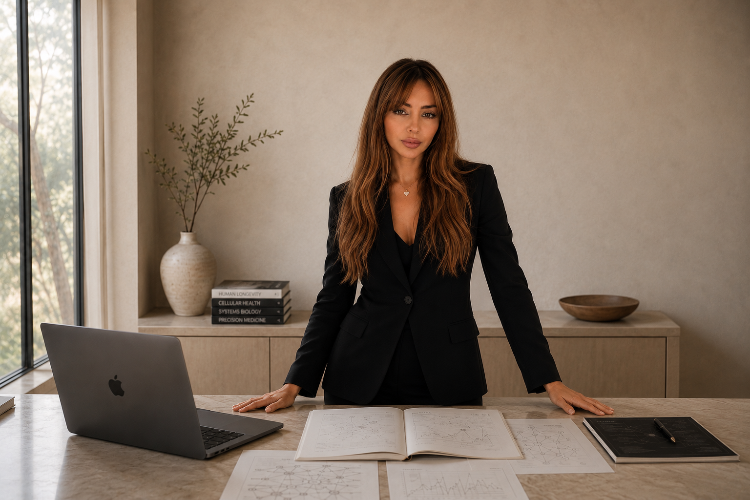 Maria Lopez standing at her desk in a calm, minimalist office, reflecting the systems-based, evidence-driven approach behind her longevity coaching