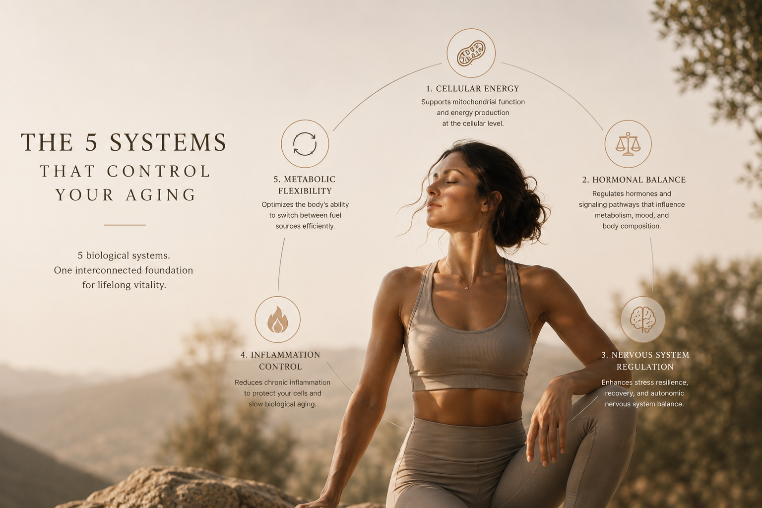 Infographic titled "The 5 Systems That Control Your Aging," outlining cellular energy, hormonal balance, nervous system regulation, inflammation control, and metabolic flexibility, with a woman in a calm outdoor setting