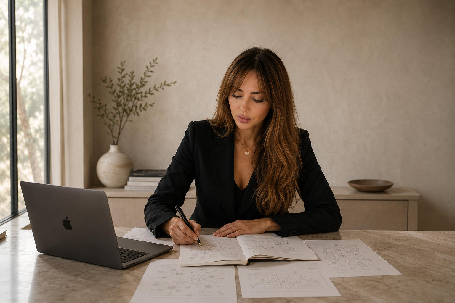 Maria Lopez reviewing biological data and notes at her desk