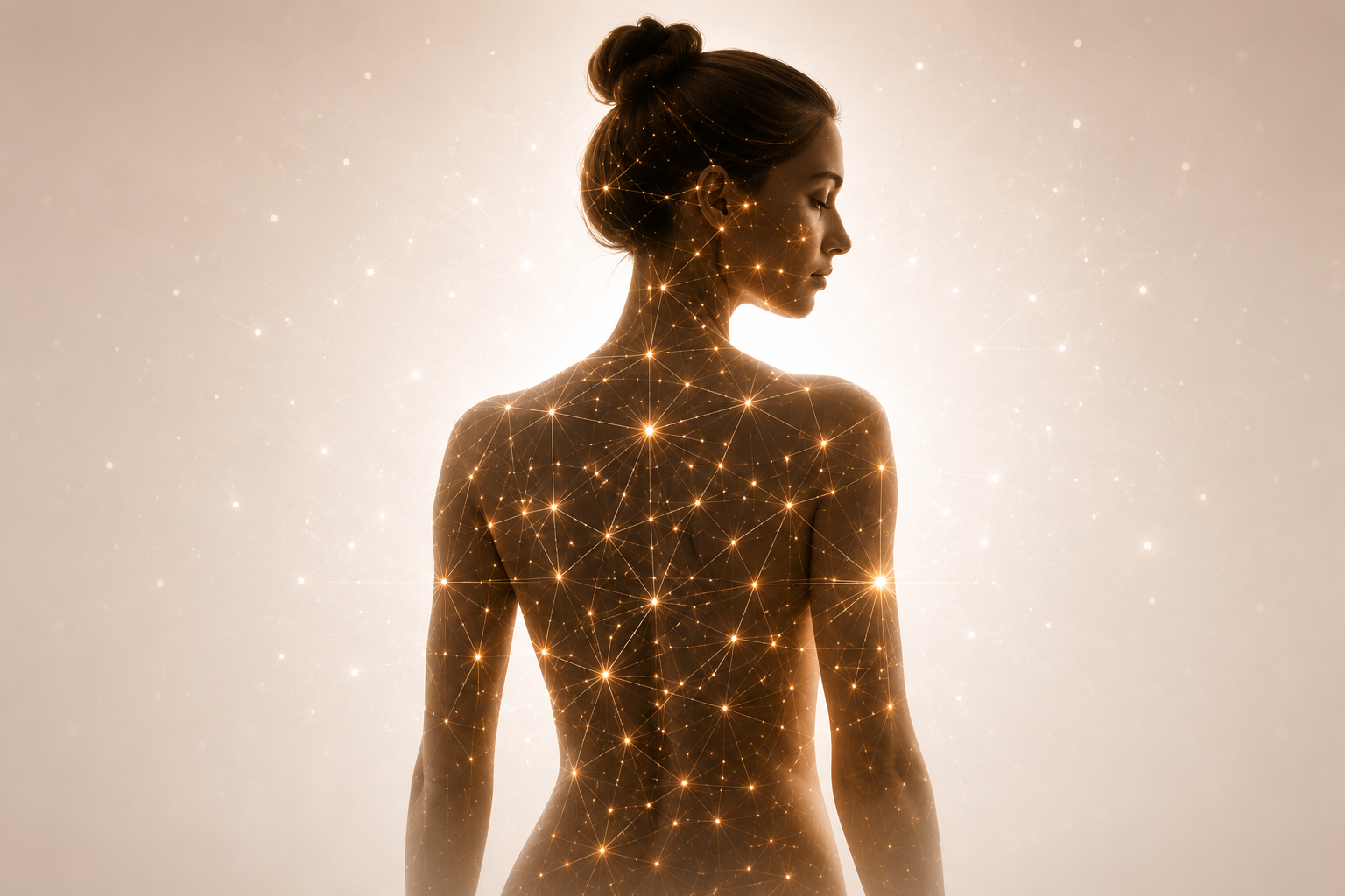 Artistic portrait of a woman viewed from behind, her shoulders and back illuminated by a glowing golden constellation pattern, symbolizing the body's interconnected biological systems.