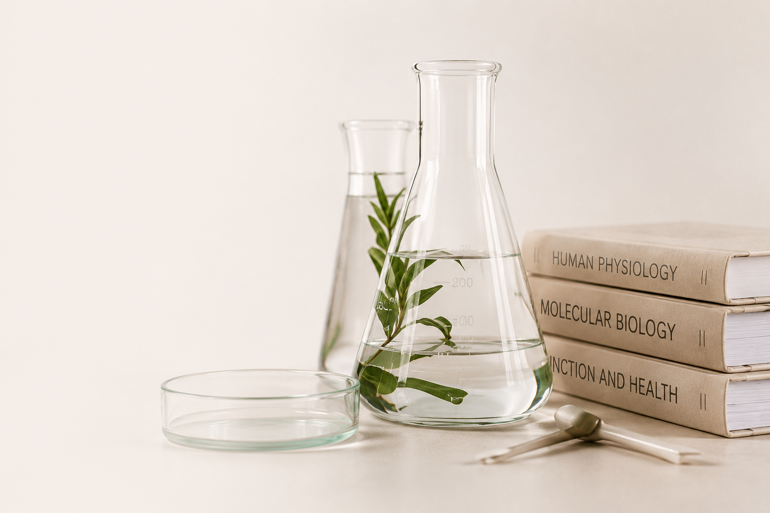 Laboratory glassware with a fresh plant sample beside a stack of biology and physiology reference books, representing the scientific research behind personalized health strategies.