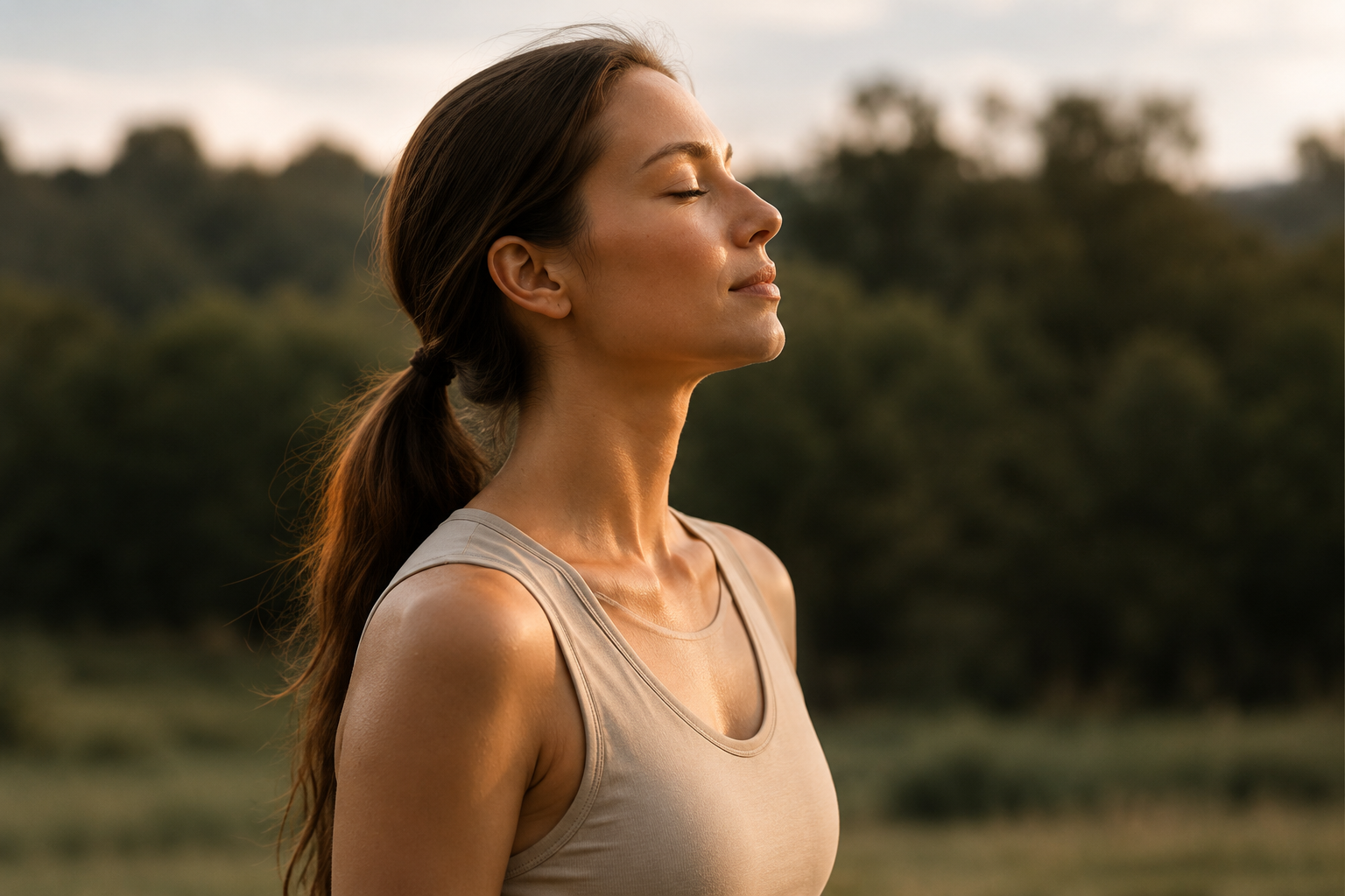 Woman standing outdoors at golden hour with eyes closed, breathing calmly against a soft, green natural backdrop, representing sustainable energy from a balanced biological system.