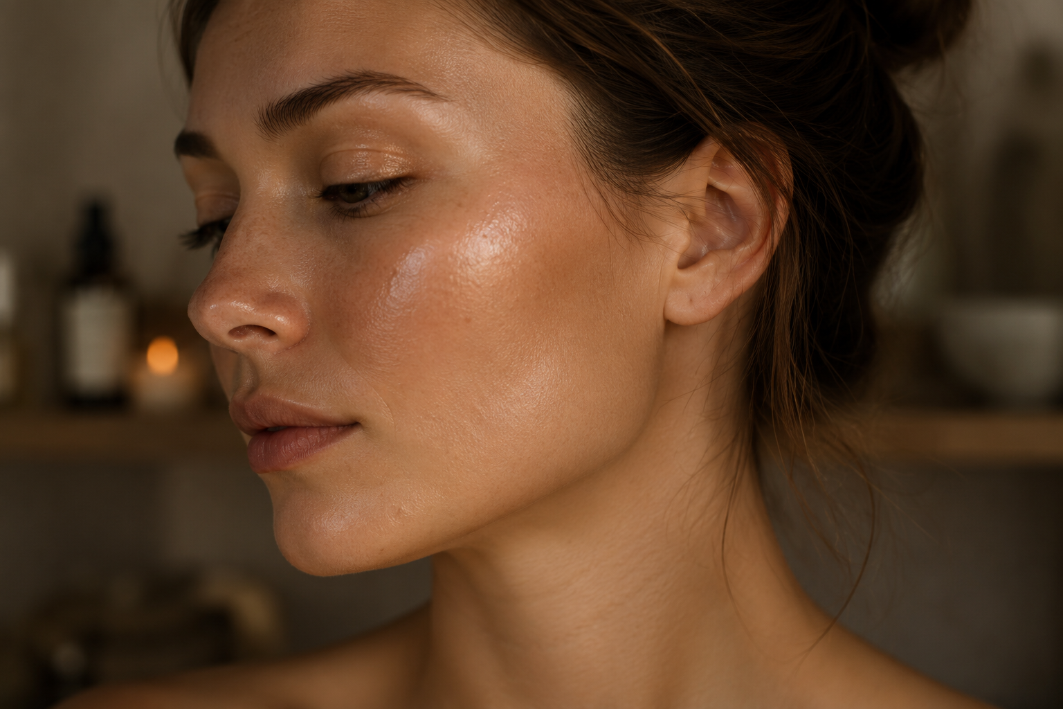 Close-up portrait of a woman's radiant, healthy-looking skin, illustrating how balanced underlying biology supports visible skin health.