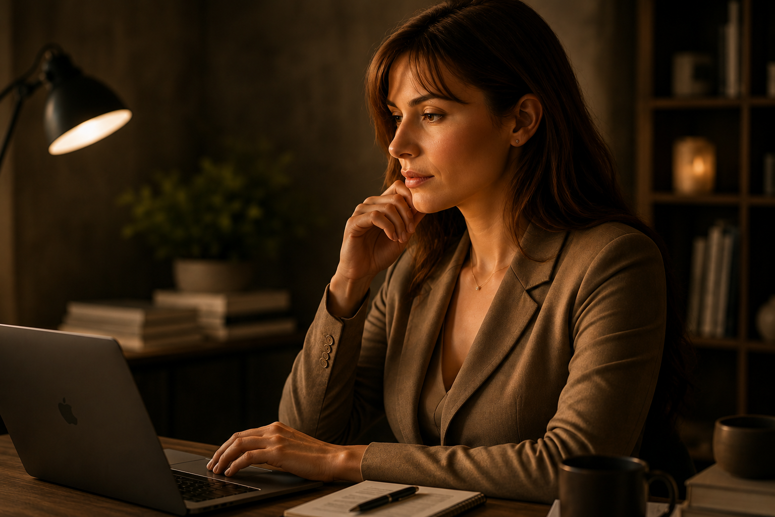Woman working thoughtfully at a laptop in a warmly lit home office, representing the clearer thinking and emotional balance that come from understanding one's own biology.
