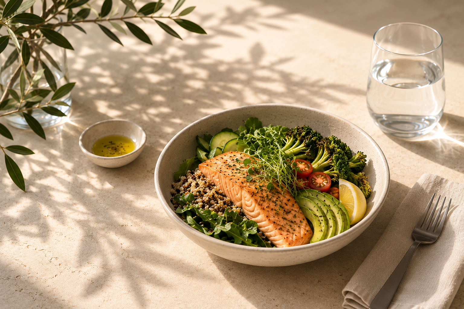 Salmon, quinoa, and vegetable bowl styled on a sunlit table, representing the nutrition and lifestyle guidance within Maria Lopez's Longevity Program