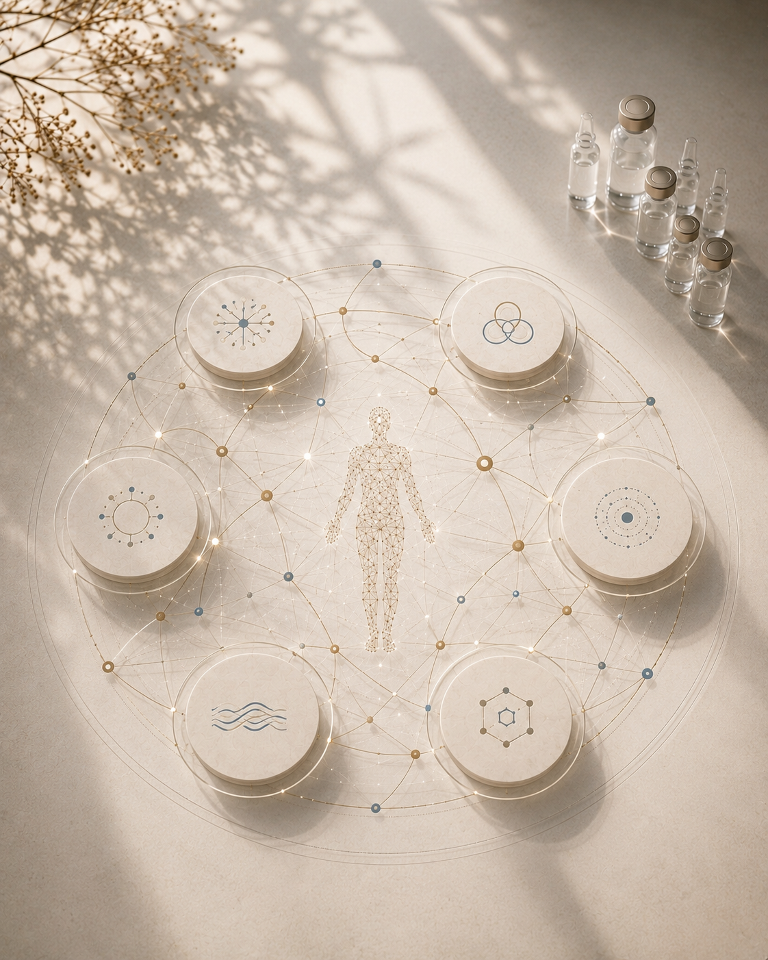 Illustration of a human figure at the center of an interconnected biological network, linked by fine gold pathways to six symbols representing the body's key biological systems.